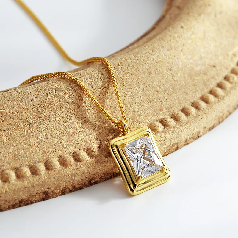 

925 Sterling Silver Square Zircon Necklaces for Women Fine Jewelry Birthday Gifts Fashion Geometric Gold Chain Necklaces