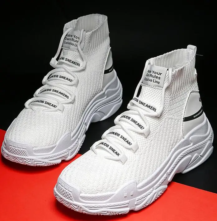 white 2 Женские и мужские кроссовки с красной акулой; обувь на платформе для бега с высоким берцем; женские носки; кроссовки на массивном каблуке; кроссовки из сетчатого материала; большие размеры - Цвет: white 2