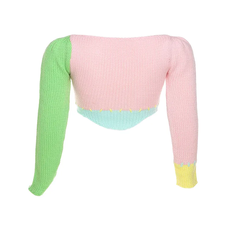 

Ladies Knit Crop Tops Women Color Block Long Sleeve Square Collar Sweater Slim Exposed Navel Knitting Pullover Top