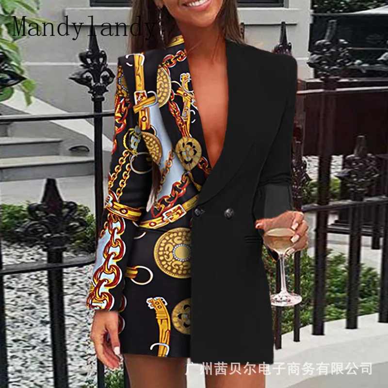 

Mandylandy Summer Women Dress Fashion Sexy V Neck Full Sleeves Printing Women Mini Dress