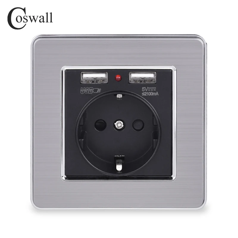 Coswall, двойной usb порт для зарядки, 5 В, 2,1 А, светодиодный индикатор, 16А, настенная розетка европейского стандарта, панель из нержавеющей стали, серый, черный, белый, золотой