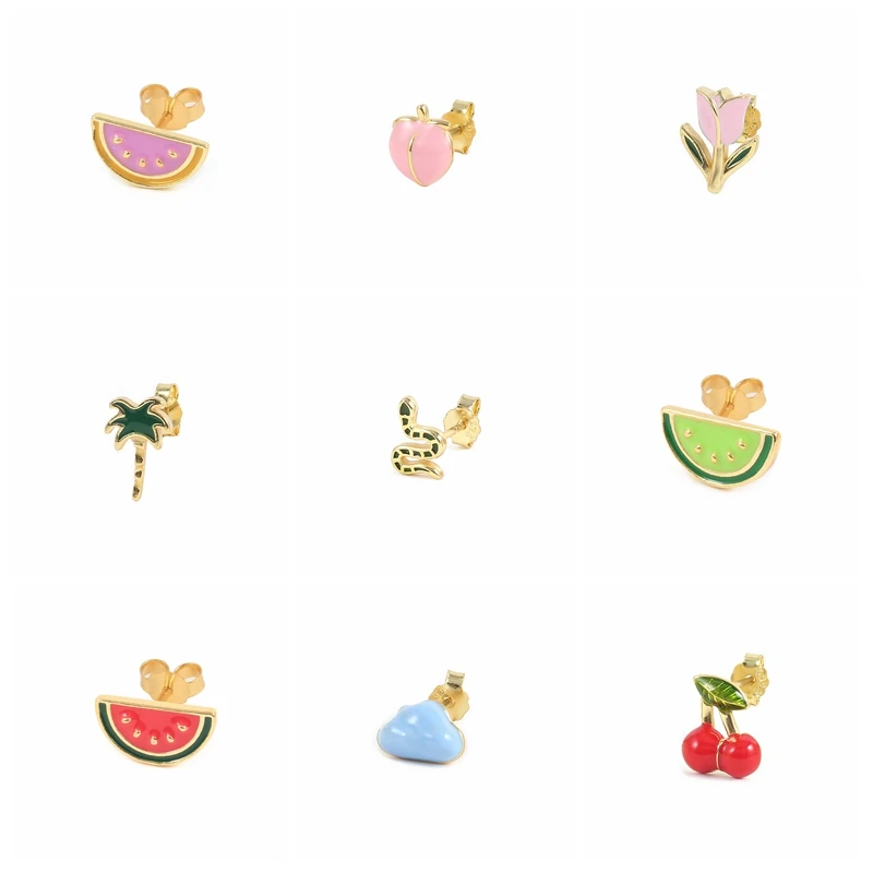 

Silver Earrings Summer Cherry Crystal Enamel Colorful Fruit Stud Earrings For Women 2021 Girl Piercing Earrings Joyero silver