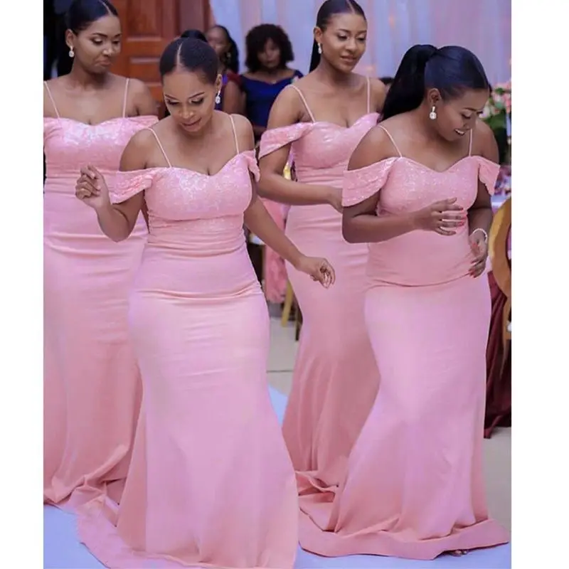 

Women Mermaid Bridesmaid Dresses Spaghetti Strap Pink Off Shoulder Sequins Robe Demoiselle D'honneur Wedding Guest Party Dresses