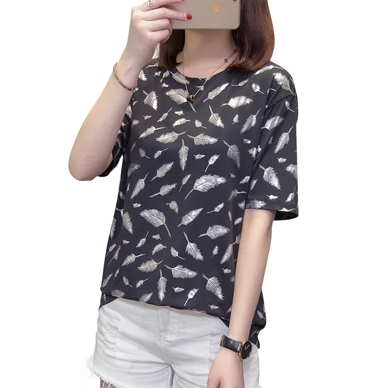 

Women Oversize T-shirt Tops Plus Size Feather Print Ladies Tshirt Summer Casual Loose Short Sleeve T Shirts PP456