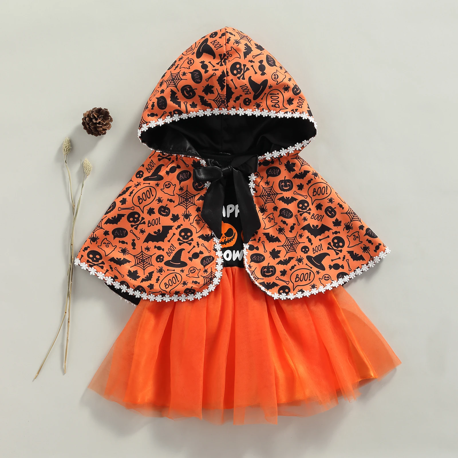 

18M-5T Halloween Pumpkin Skull Children Suit Halloween Alphabet Orange Pumpkin Print Round Neck Sleeveless Dress + Girl'S Cape
