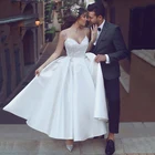Свадебное платье до щиколотки, Белое Атласное Короткое свадебное платье трапециевидной формы с V-образным вырезом, 2021