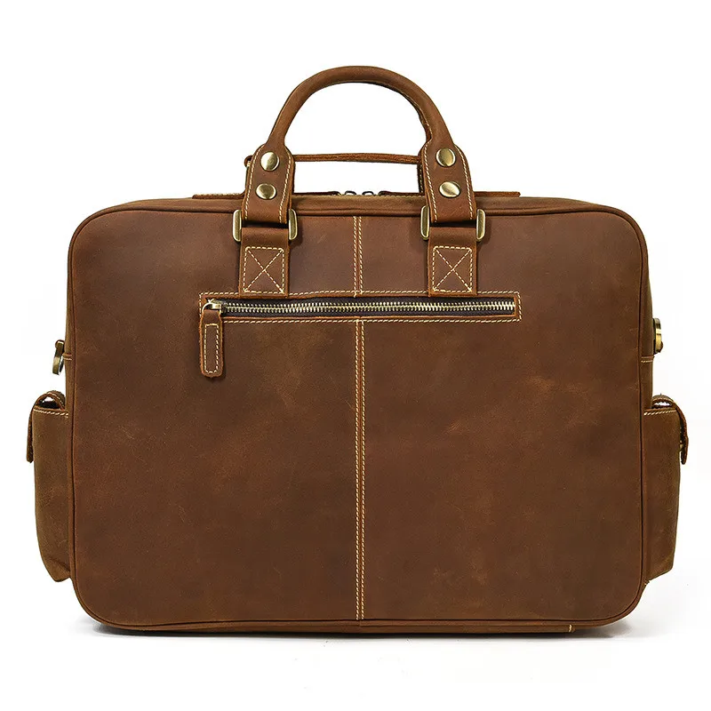 Vintage crazy horse cowhide men's briefcase business travel genuine leather handbag multi-pocket laptop shoulder messenger bag