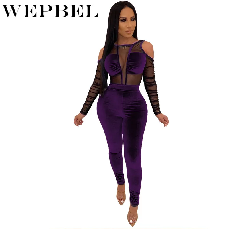 

WEPBEL Women's Set Tracksuit Full Sleeve Mesh Velvet Bodysuits + Pants Suit Two Piece Set Sexy Night Club Party Outfits