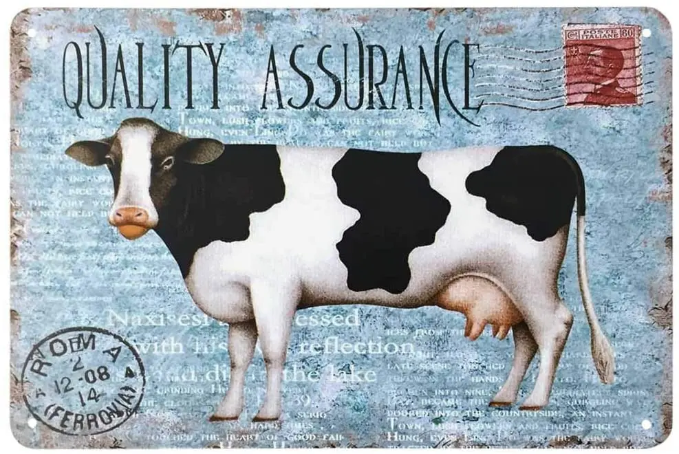

Funny Cute Cow Tin Sign,Postcard Farm Milk Cow Black White Blue Vintage Metal Tin Signs