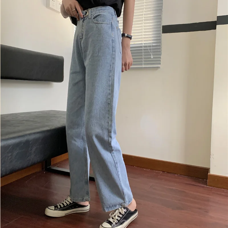 

Джинсы женские летние модные в Корейском стиле Instafamous Design Sense студенческие свободные стройнящие прямые широкие брюки с высокой талией