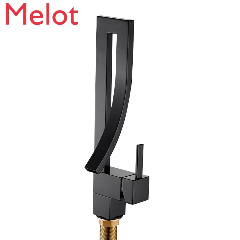 

High-End Paint Black Waterfall Faucet Copper Single Hole Faucet European Style Basin Washbasin Faucet
