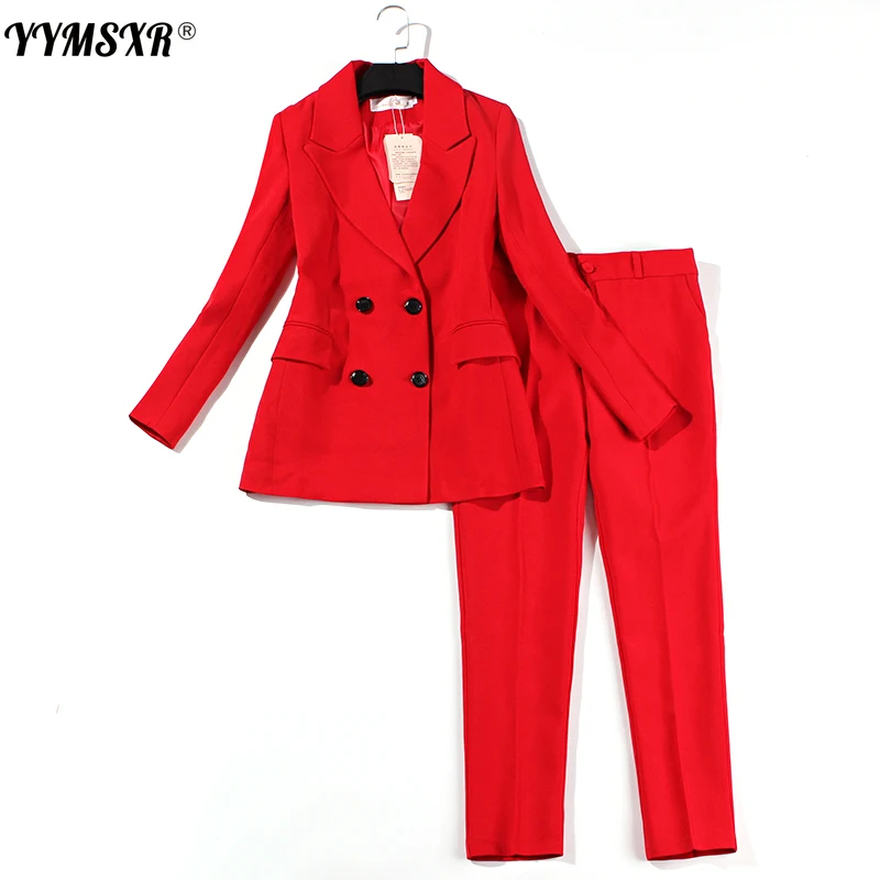 

Women's Professional Office Suit Trousers Suits 2021 Autumn New Double-breasted Suit Jacket Lady In Red Feminine Slim Trousers