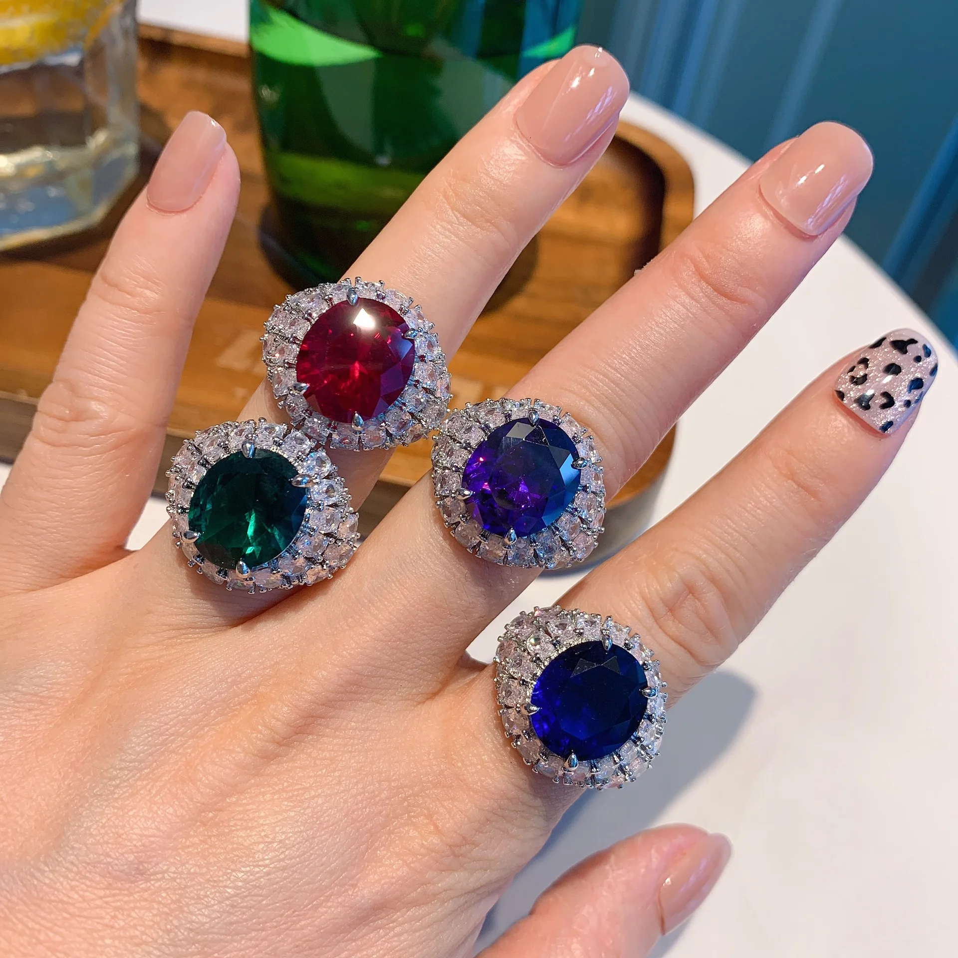 Роскошное женское большое кольцо QTT с зеленым и синим камнем большие обручальные