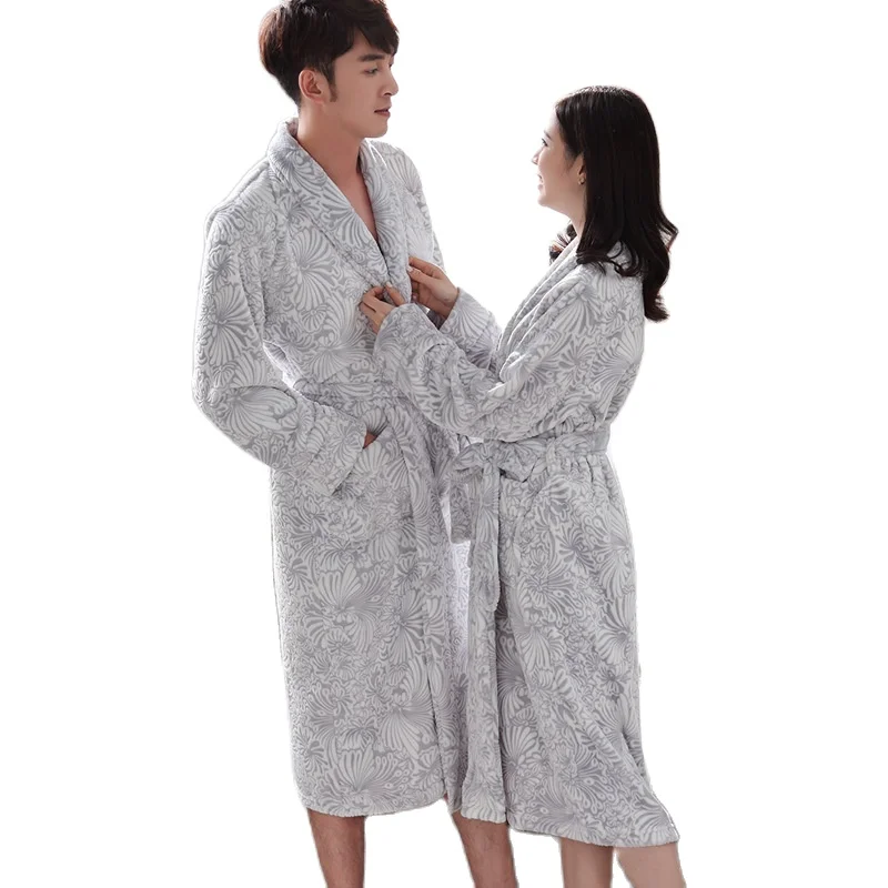 

Winter Couple Nightgown Flannel Bathrobe Cardigan Belt Pocket Print Robes for Women Fluffy Thick Warm Luxury Homewear Sleepwear
