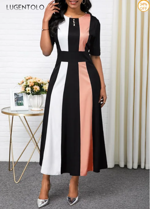 

Lugentolo Women Dress Spring Autumn Eleagnt Dresses Short Sleeve Slim Fit Big Swing Female Fashion Casual Long Dress