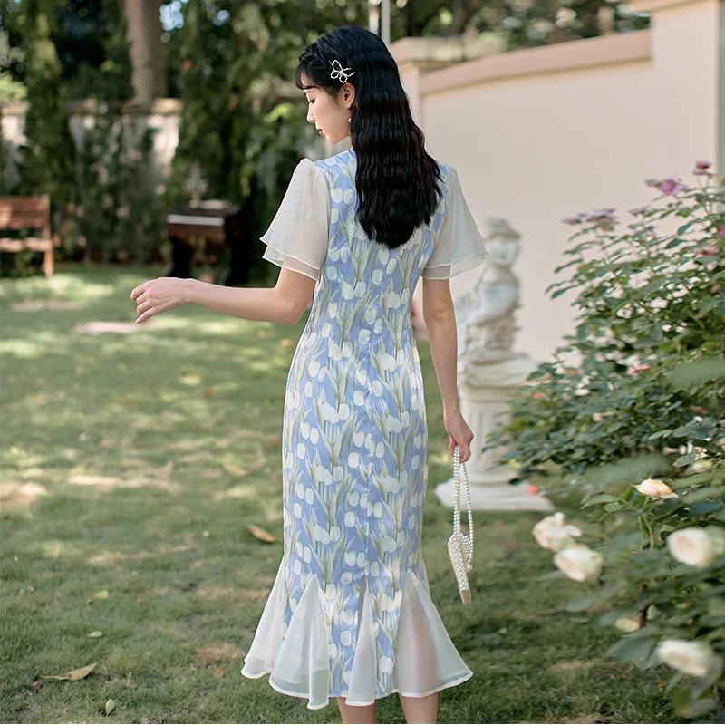 

Korejepo Women Dress 2021 Summer Chinese Style Fairy Sweet Retro Floral Stitching Slim Stand Collar Short-sleeved Mermaid Dress