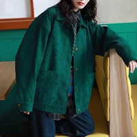 solid green corduroy turn down collar vintage basic outwear women korean style elegant bright trendy loose slim casual jackets