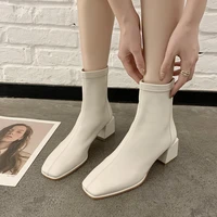 eoeodoit leather boot women calf booties 5 cm med heels square toe autumn winter england style sock boot