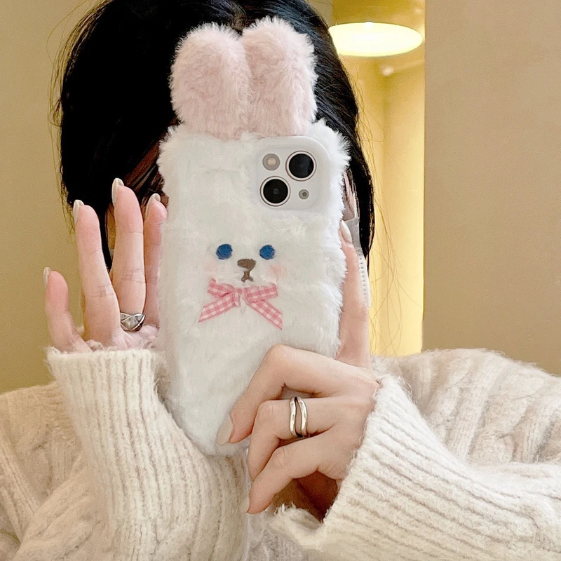 

Милый мультяшный корейский чехол с кроличьими ушками для телефона iPhone 13 12 11 Pro Max X Xr Xs Max 7 8 Puls Пушистый Зимний теплый плюшевый мягкий чехол