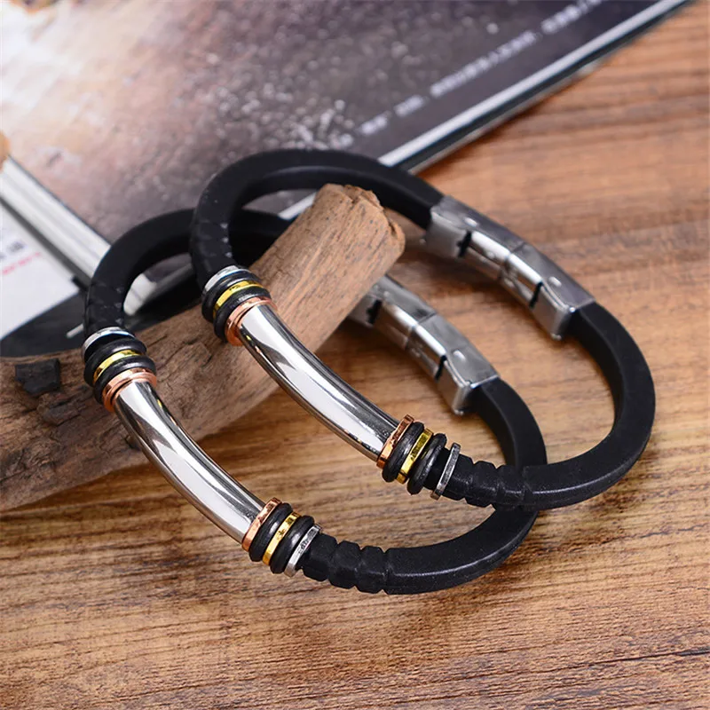 Мужской браслет из нержавеющей стали резиновый силиконовый с застежкой для