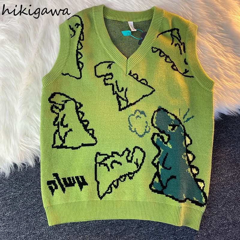 

Hikigawa 2021 Sweater Vest Women Preppy Style Chic Cartoon Dinosaur Knit Waistcoat V-neck Loose Casual Jumper Tank Tops Female