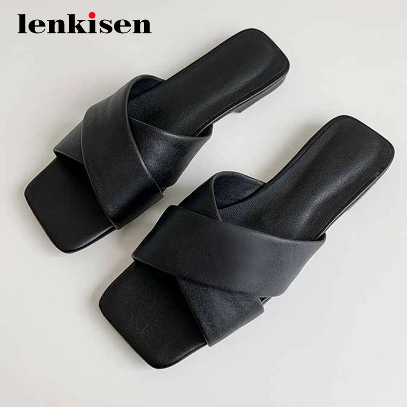 

Lenkisen new genuine leather big size summer outside slipper square toe low heel slip on beauty lady daily wear women shoes L6f1