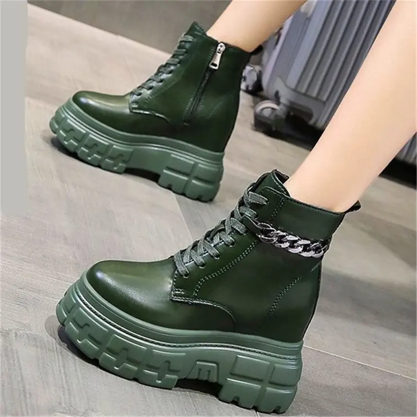

Platform Pumps Women's Military Chain Round Toe Ankle Boots Increasing Height Wedge High Heels Creeper Shoe 34 35 36 37 38 39
