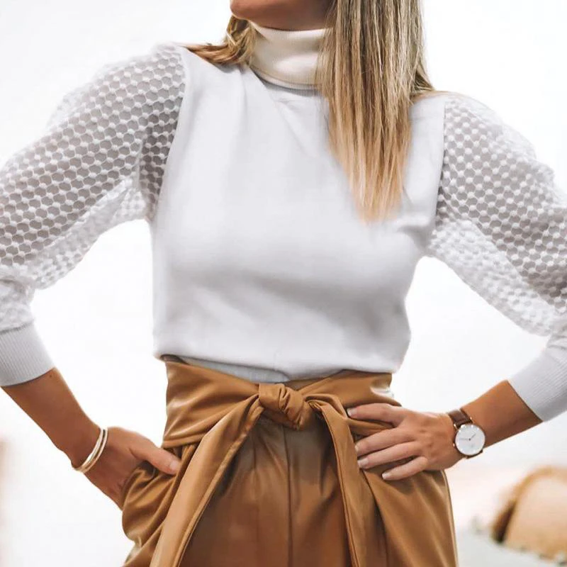 Женские блузки и топы с тюлевым рукавом элегантные офисные высоким воротником