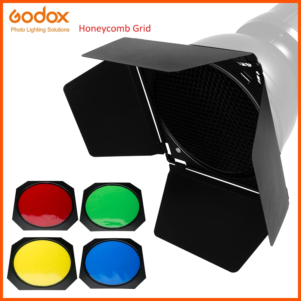 Godox BD-04 Barn Door + Honeycomb Grid + 4 Color Filtersfor Standard Reflector Photography Studio Flash Accessories