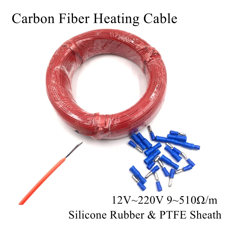 5m 12V~ 220V 9~ 510ohm силиконовая резина и PTFE оболочка из углеродного волокна провод нагревательного кабеля для напольных подпольных инфракрасных теплых комнатных крыш