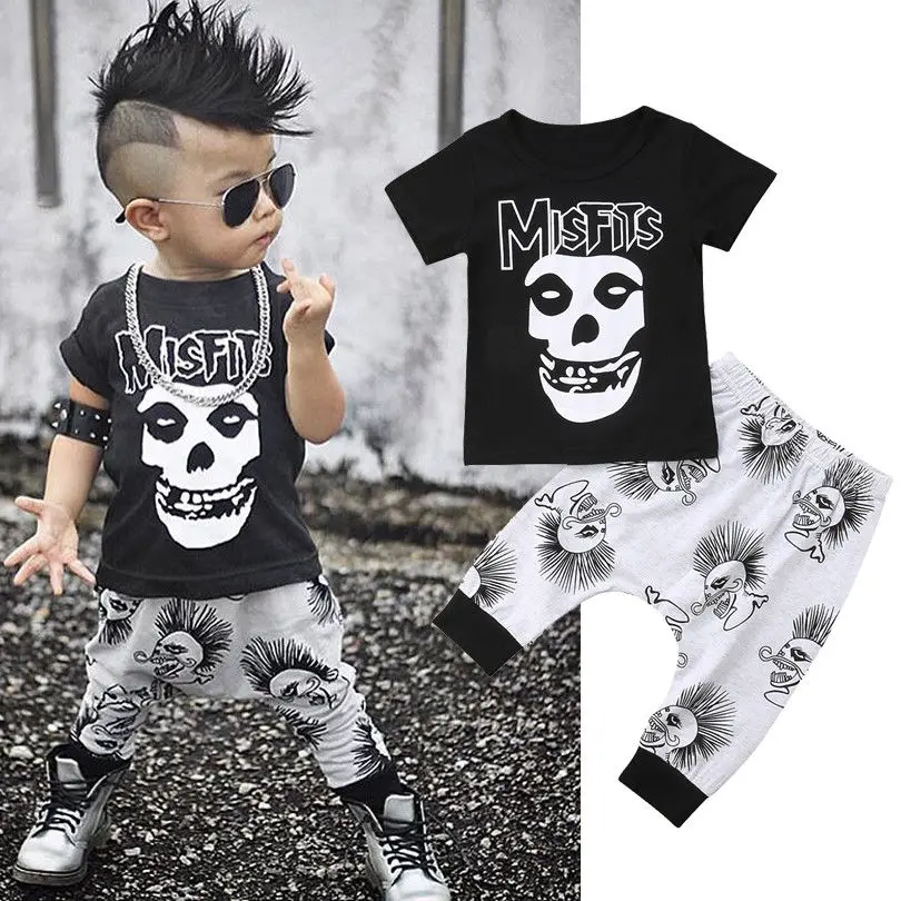 2PCS Newborn Toddler Baby Boy Clothes Black Skull print T-Shirt Top + Long Pant Outfit Kids Summer Cotton Clothing Set 0-3Y