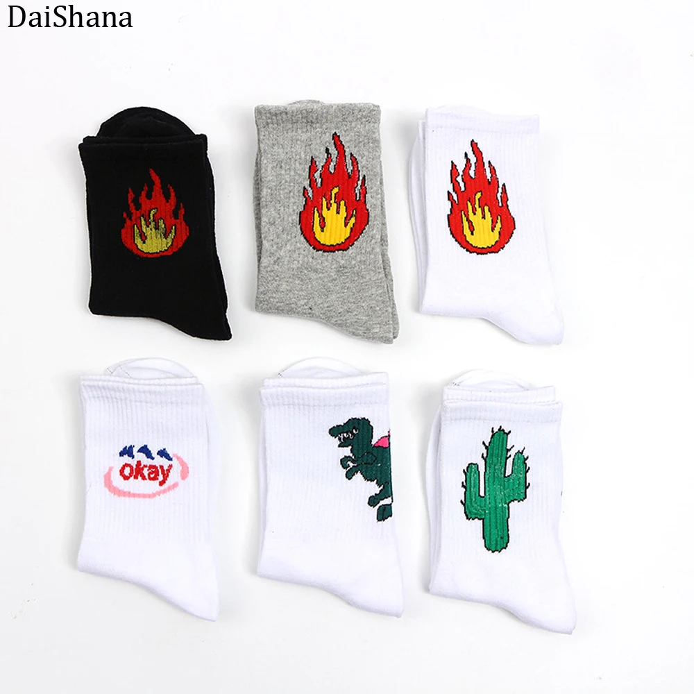 DaiShana/Новое поступление, корейские носки в японском стиле унисекс Harajuku, модные повседневные забавные хлопковые носки с рисунком кактуса, динозавра, белые носки
