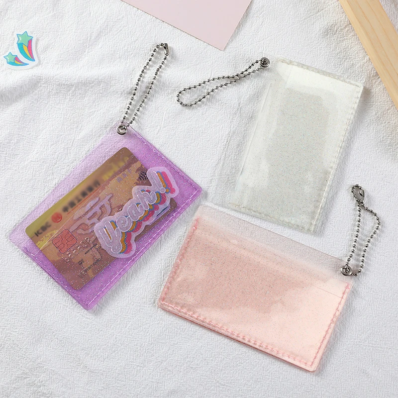 

2 Bits Shiny Pvc Card Holder Women Transparent Waterproof Card Case Girls Card Holder Men Credit Card Bag Id Card With Keychain