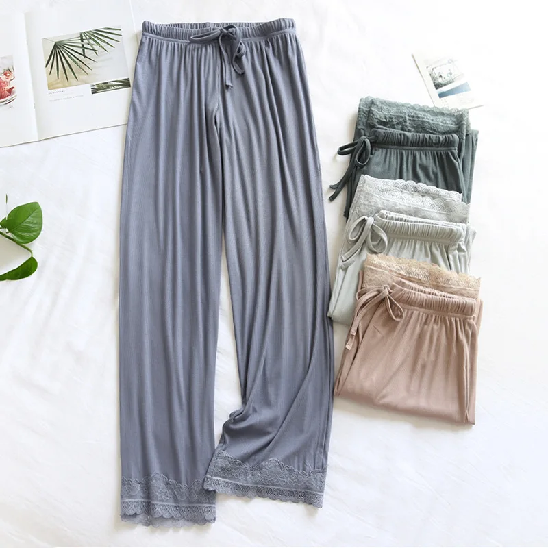 

Modal Lace Pajamas Women's Spring Summer Loose Trousers Thin Wide-Leg Home Pijama Pant Outside Wear Pantalones De Mujer