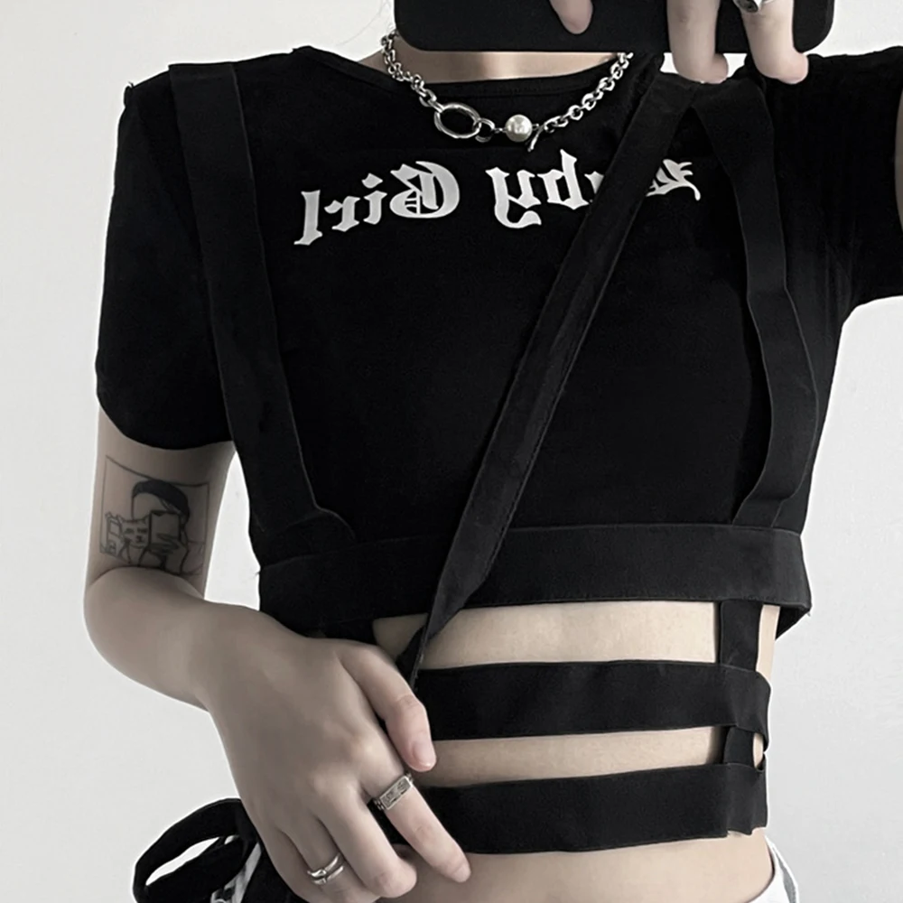 Укороченная черная футболка с надписью Dark Icon футболки вырезами в стиле Харадзюку