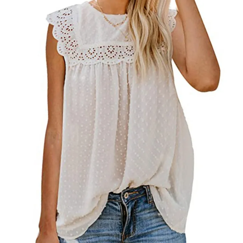 

Women Summer Round Neck Lace Hook Knitted Poverty Vest Shirt Casual Fashion Blouses Tops Female Crop Top Ladies Shirt