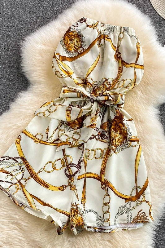 

Summer Korean version of the new holiday style printed waistband strapless tube top jumpsuit wide-leg jumpsuit shorts women