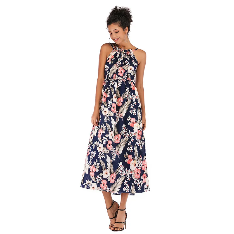 

2020 Amazon cross border summer Bohemian holiday print backless elastic drawstring dress for women