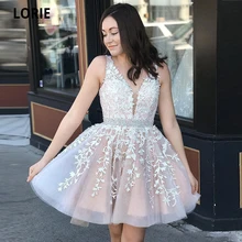 LORIE Vestido corto de fiesta para mujer, minivestido de fiesta con cuello de pico, Apliques de encaje con cuentas de cristal, talla grande, 2020 (4)