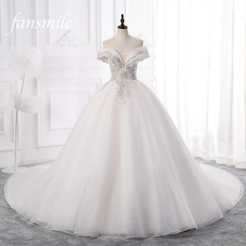 

Женское свадебное платье Fansmile, роскошное кружевное платье с длинным шлейфом, модель 2020