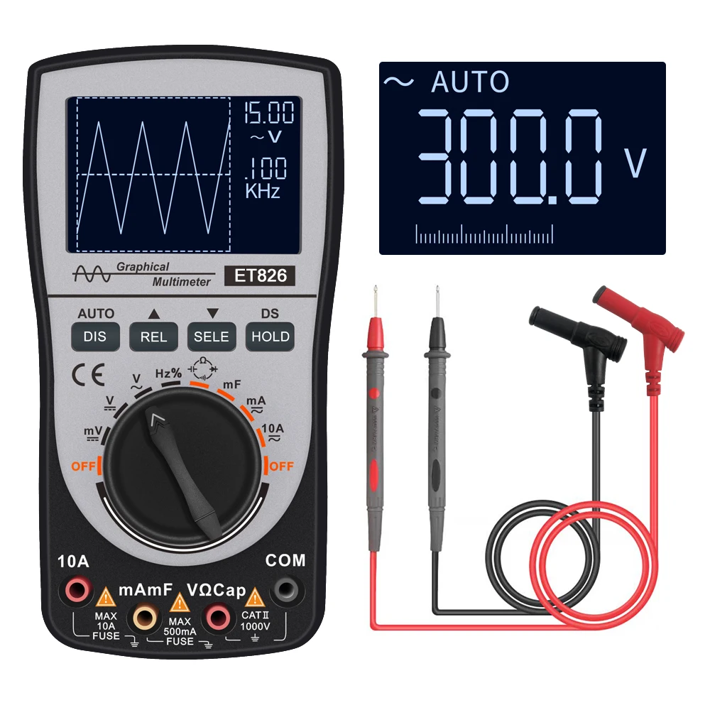 

ET826 Intelligent Digital Oscilloscope Multimeter DC/AC Current Voltage Resistance Frequency Diode Tester 4000 Counts 20KHz