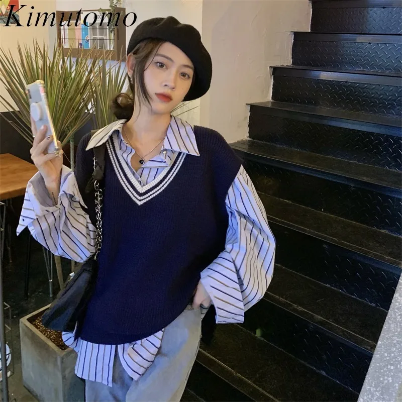

Женская блузка Kimutomo для ранней осени, милая Молодежная Свободная рубашка в узкую полоску в британском стиле, жилет из двух частей