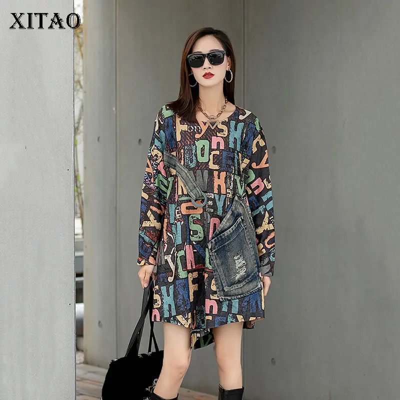 

XITAO Irregular Knitting Denim Splicing Dress Autumn New Letter Print Fashion Loose O-neck Street Trendy All-match GWJ0667