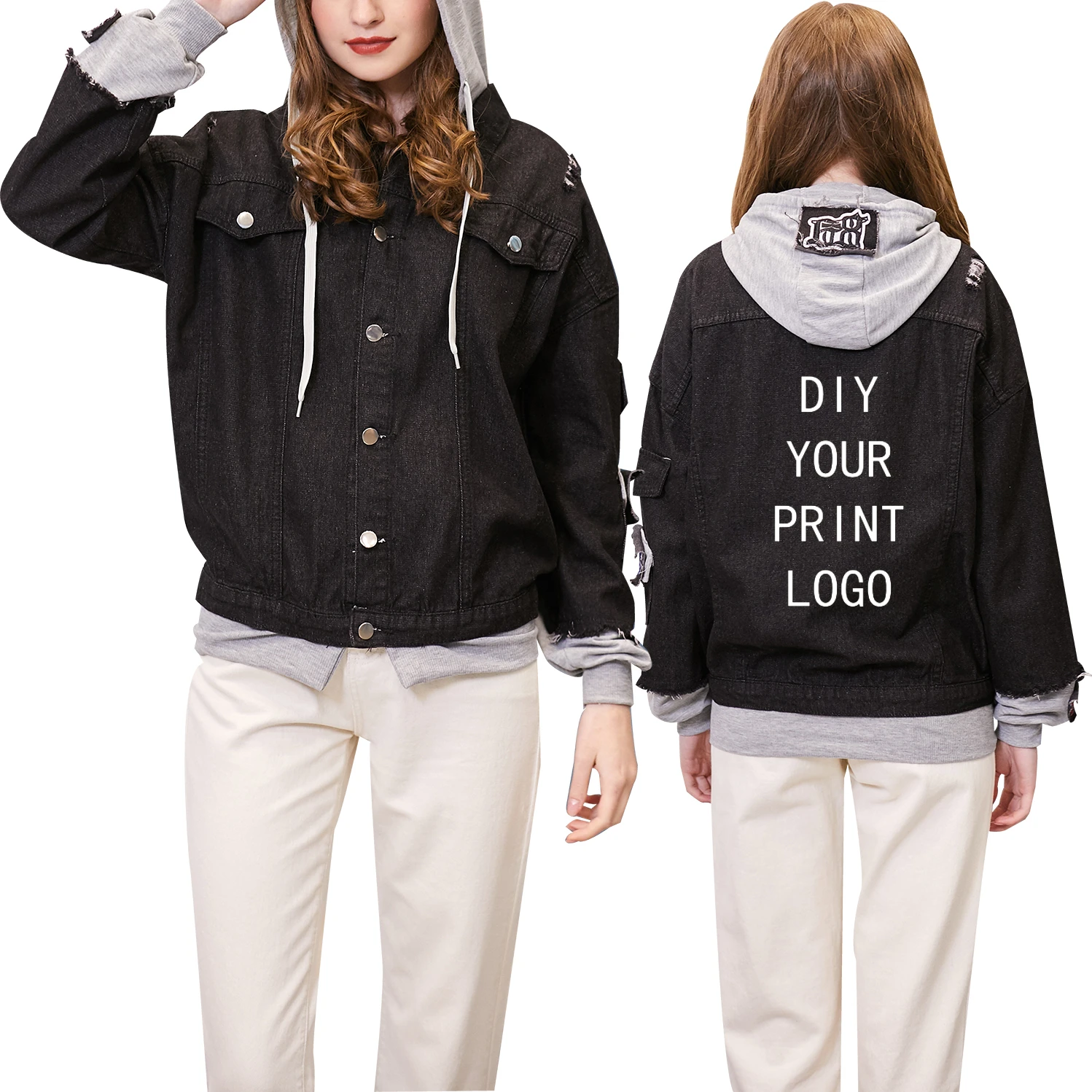 

Customized Jacket Women 2020 Spring Autumn Stitching Denim Shirt Fashion New Warm Hooded Girls Coat Tops DIY LOGO