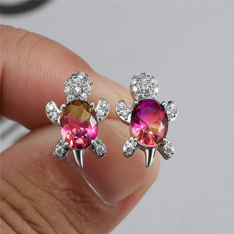 

Charm Female Rose Red Yellow Oval Zircon Jewelry Set Small Oval Turtle Earrings Necklaces Set Rainbow Stone Jewelry