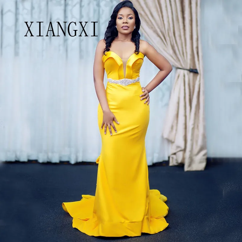 

Yellow Mermaid Evening Dresses Long Sweetheart Sleeveless Hand-Beading Sexy Evening Dress Floor Length Formal Gowns Robe de soir