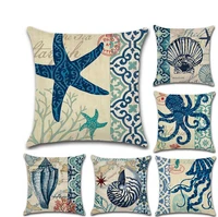 retro cushion covers starfish octopus conch printing linen pillow case home decorative living sofa car sea animal pillowcase
