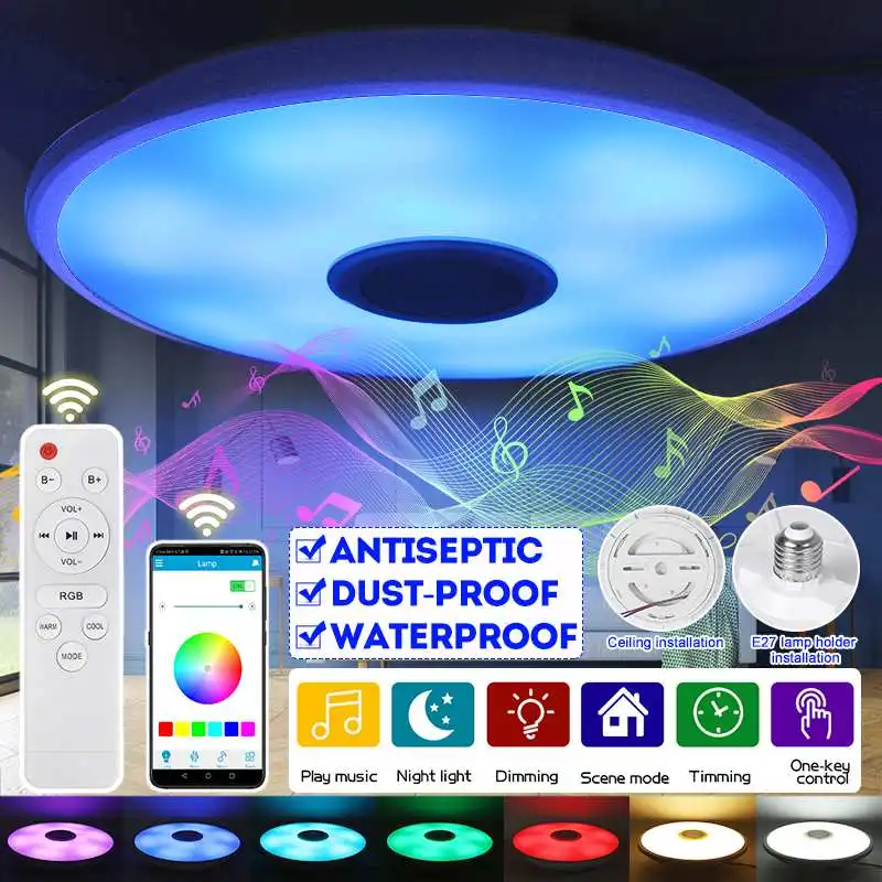 

Светодиодный потолочный светильник 250 Вт RGB s с приложением и динамиком bluetooth музыкальный светильник для спальни с регулируемой яркостью E27 у...