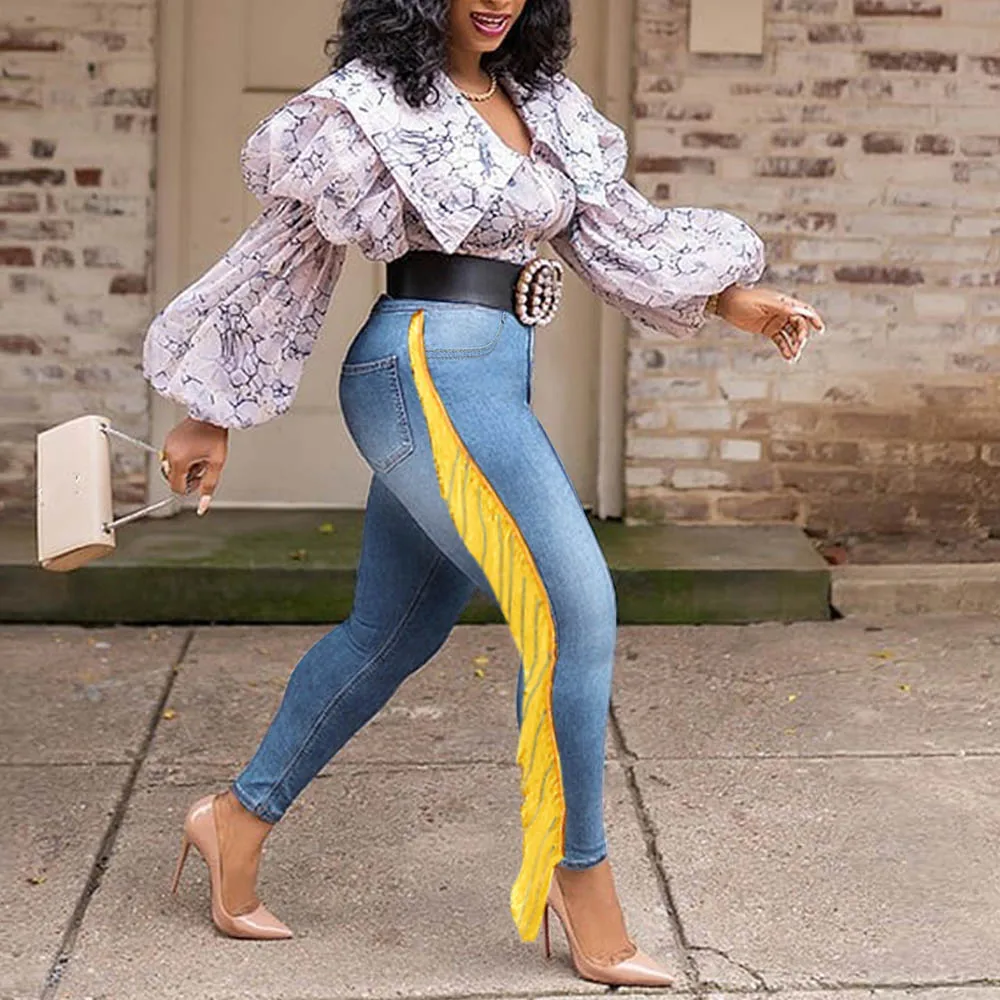 

Plus Size 3xl Denim Tassel Pants Spring Summer African New Female Women Jeans Pencil Pants Trousers Fashion High Waist 2021 Blue