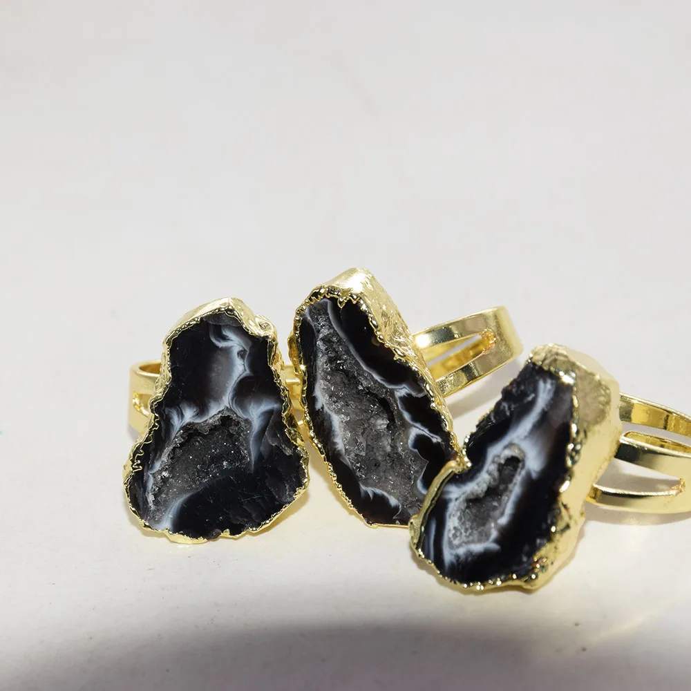 

Big Natural slice Geode druzy Stone Rings for women 2023 Adjustable wedding Agate Gold plating black Raw hole free shipping 5pc